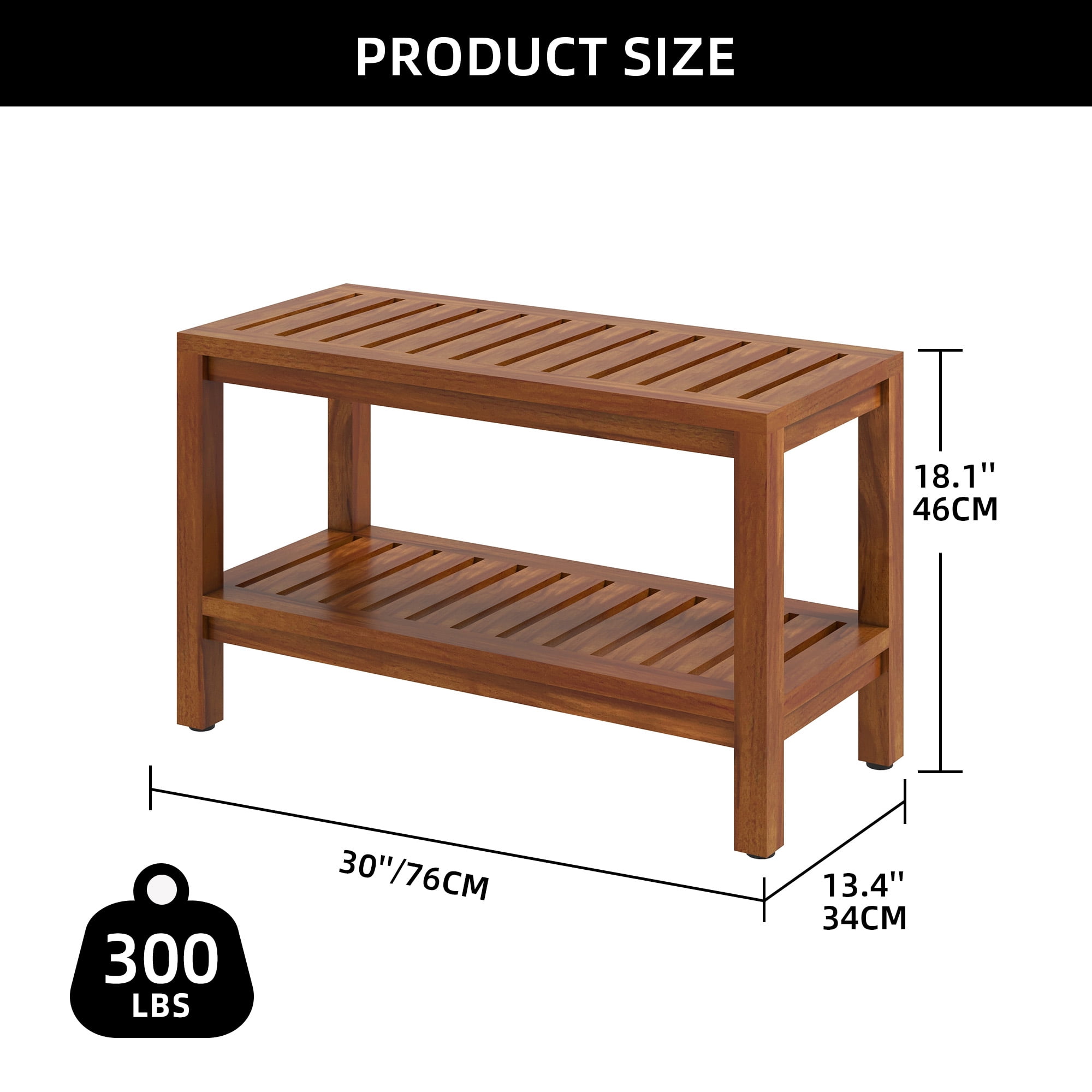 Uforic 30" Shower Seating Bench with Storage Shelf, Teak Wood Shower Stool with Non-Slip Pads, Brown