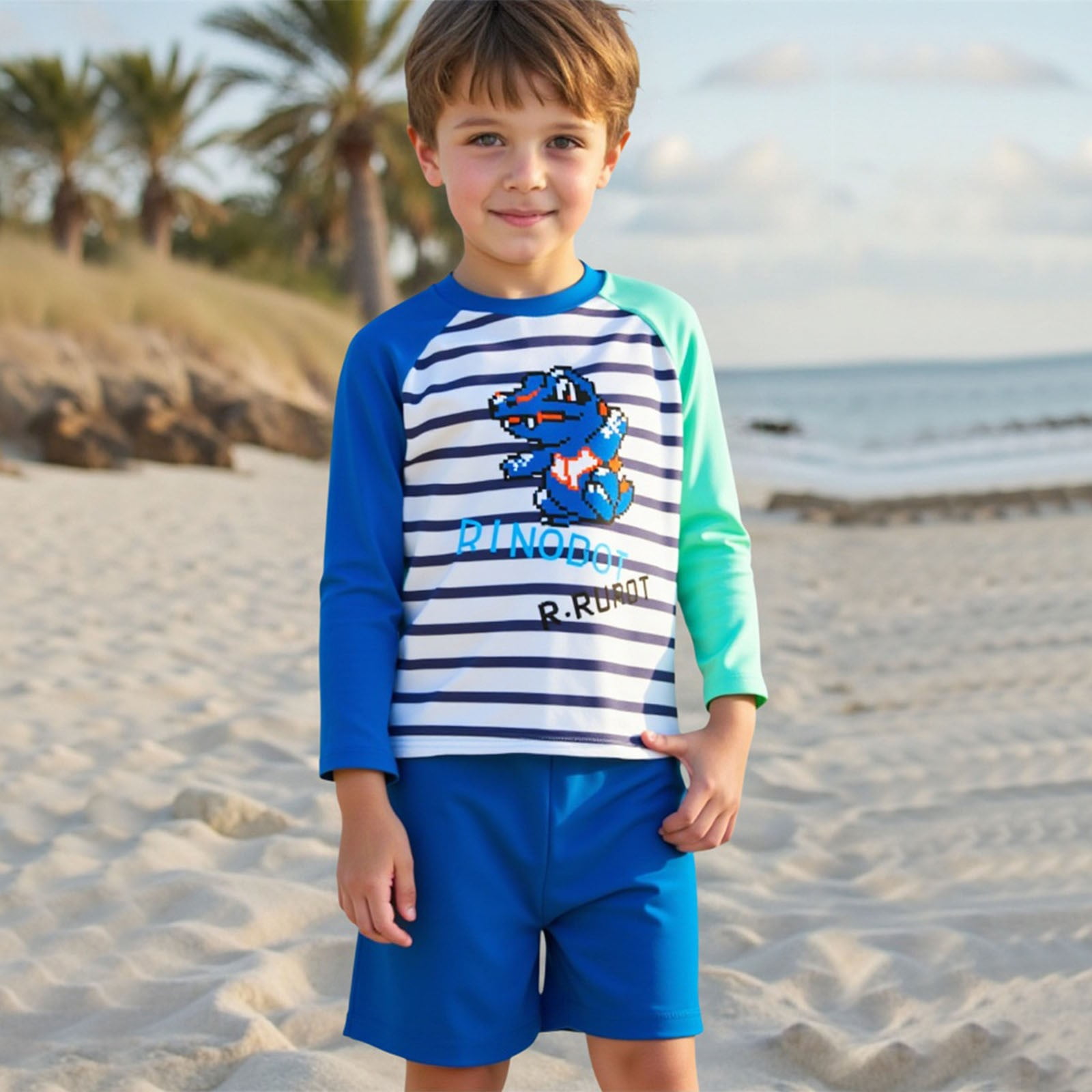 Baby Swimsuit Boy Kids Crocodile Long Sleeve Rash Guard Swim Shirt Trunks and Cap 3 Piece Set Blue 5-6 Years