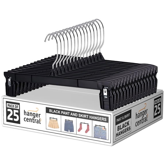 Hanger Central 25 Pack 12 Inch Plastic Pants Hangers with Extra Long Clips in Black