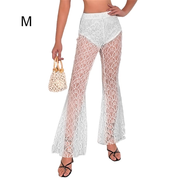 Pantalones ahuecados de verano para mujer, pantalones largos sexis de pierna ancha de encaje de cintura alta para fiesta de club nocturno y Prendas para la parte inferior del cuerpo Blanco METRO Jumpingount AP011250-05