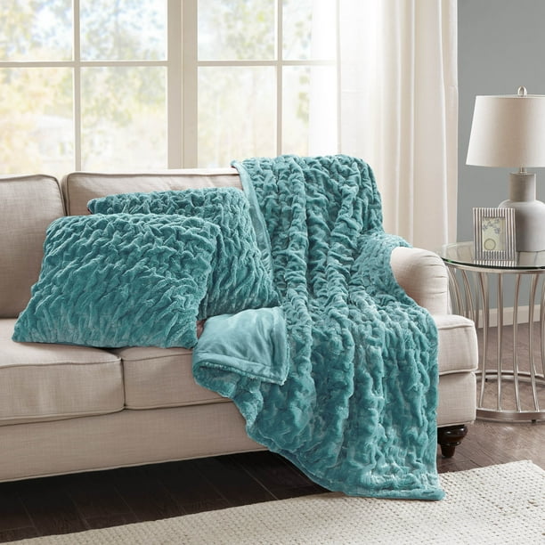 Comfort Spaces Solid Ruched Faux Fur Throw, 50x60", Teal