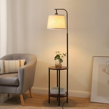 DEWENWILS Floor Lamp with Table for Living Room, 62in Rustic Farmhouse Wooden Floor Lamps, Attached End Table with Lamp for Bedroom, Office, Read Lighting, Home Decor, Brown