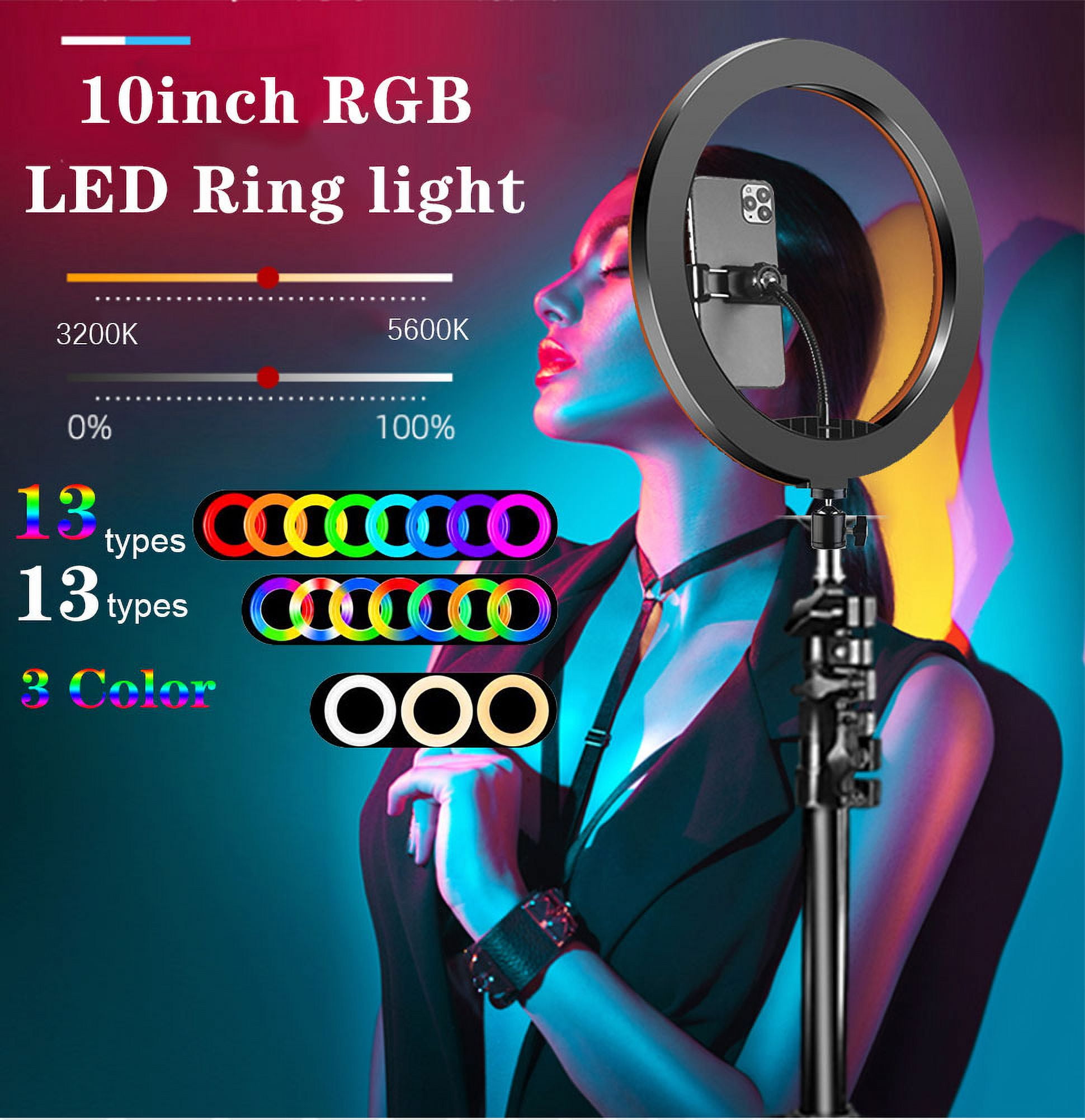10" RGB Selfie Ring Light with 63" Tripod Stand, Dimmable for Makeup Live Streaming YouTube TikTok Photography
