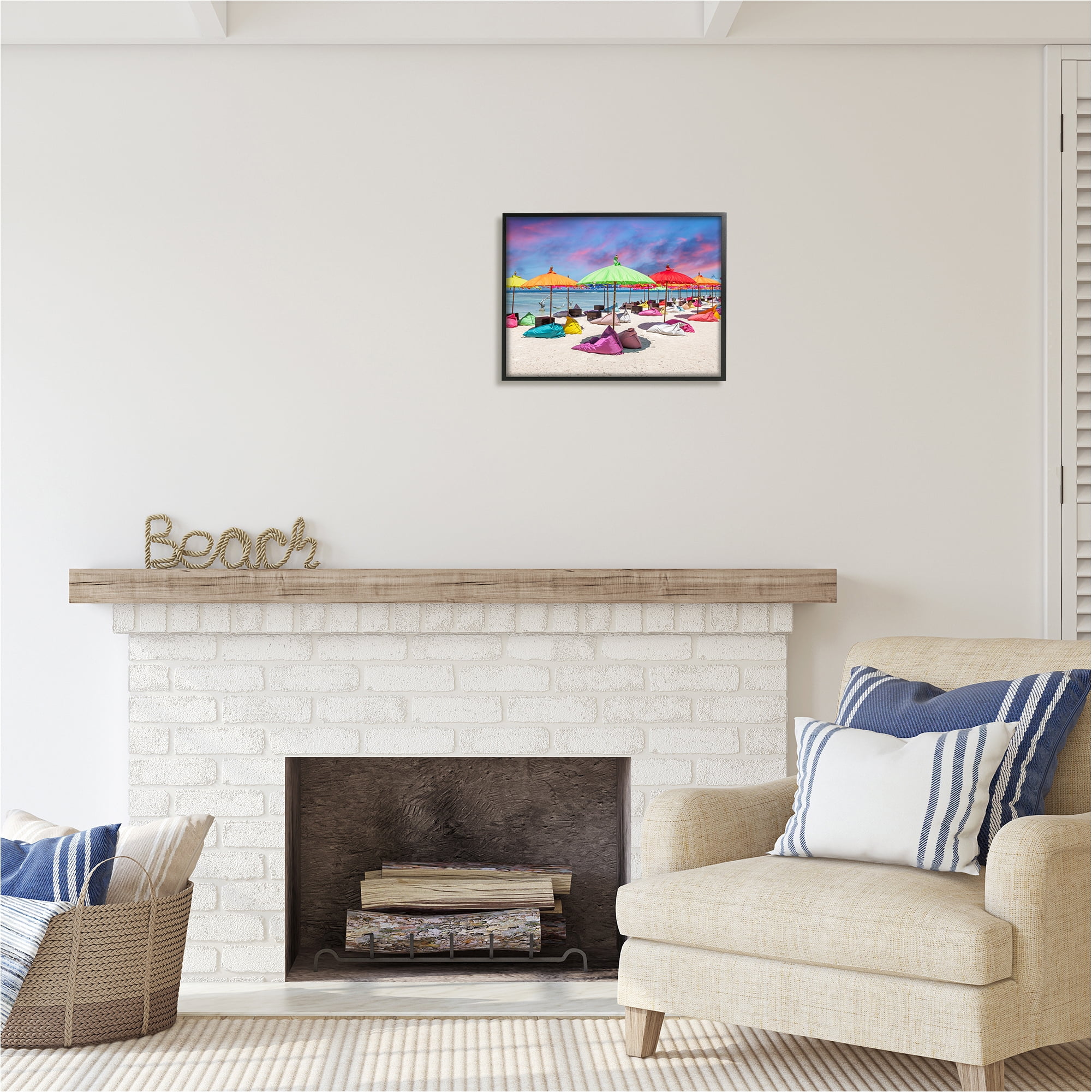 Stupell Industries Beach Umbrellas on Shore Landscape Photography Black Framed Art Print Wall Art, 20 x 16