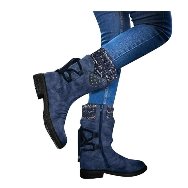 Leozcaa Bottes Décontractées à Talon Bas Mi-Mollet pour Femmes avec Fermeture Éclair Latérale Rétro Automne Hiver