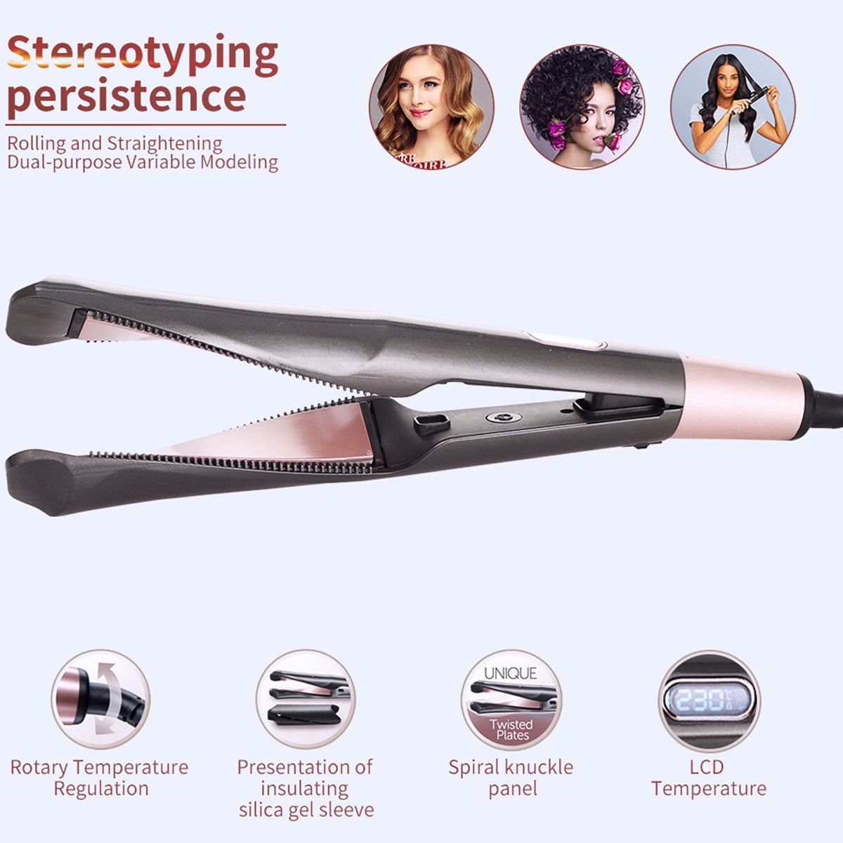 Auto Curling & Straightening Iron 2-in-1, Spiral Hair Curler with LCD Display, Tourmaline Ceramic Flat Iron Negative Ion Fast Heating for All Hair Types