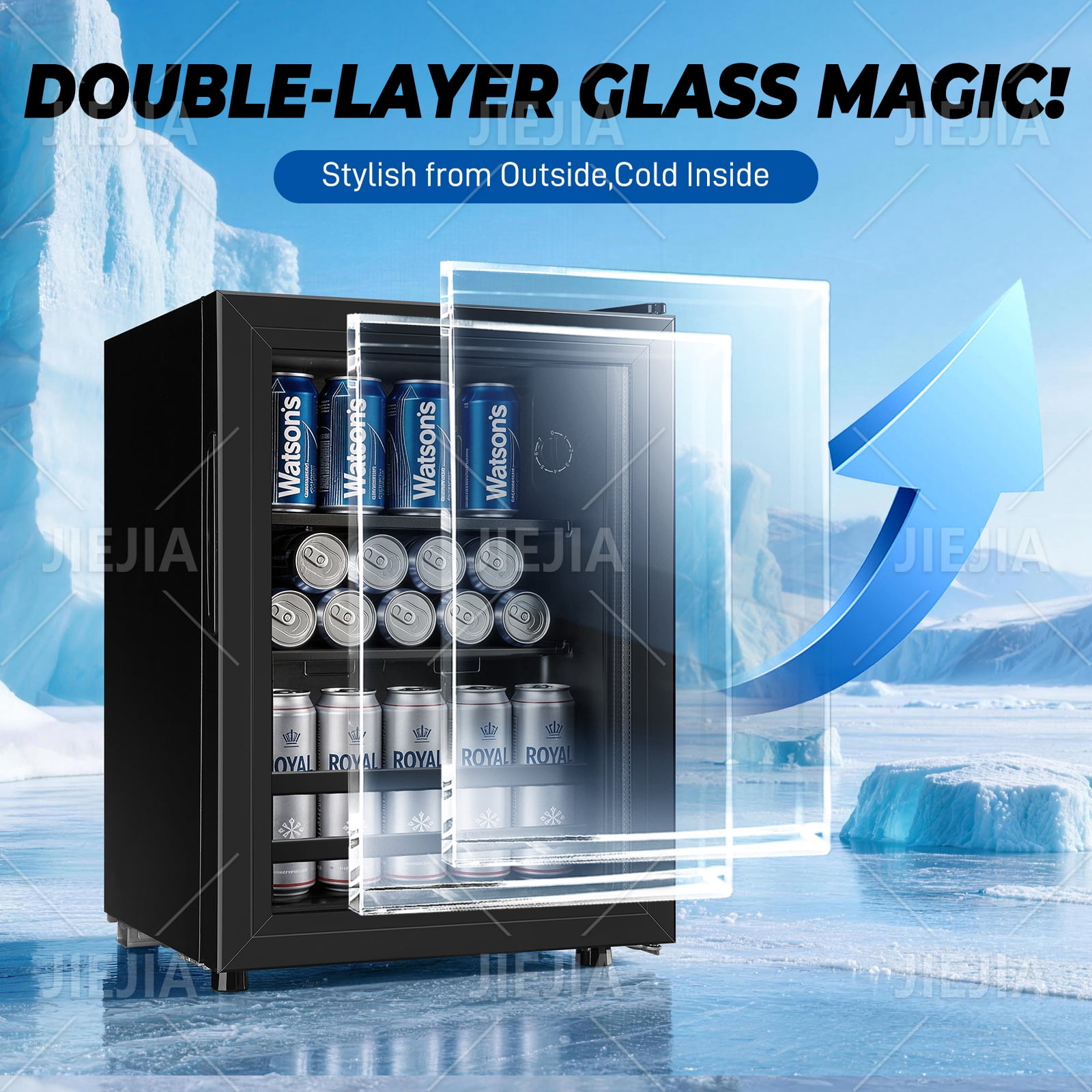 JIEJIA 50 Can Mini Fridge and 1.4 Cu.ft Beverage Cooler Refrigerator with Glass Door for Home, Office