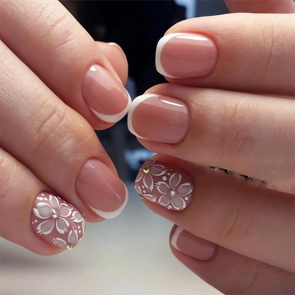 3D Flower Press on Nails Square Medium Fake Nails White French Tip False Nails with White Floral Designs Cute Acrylic Nails Press ons Summer Glue on Nails Reusable Stick on Nails for Women 24Pcs 10