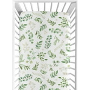 Sweet Jojo Designs Floral Leaf Girl Fitted Crib Sheet Baby or Toddler Bed Nursery - Green and White Boho Watercolor Botanical Woodland Tropical Garden