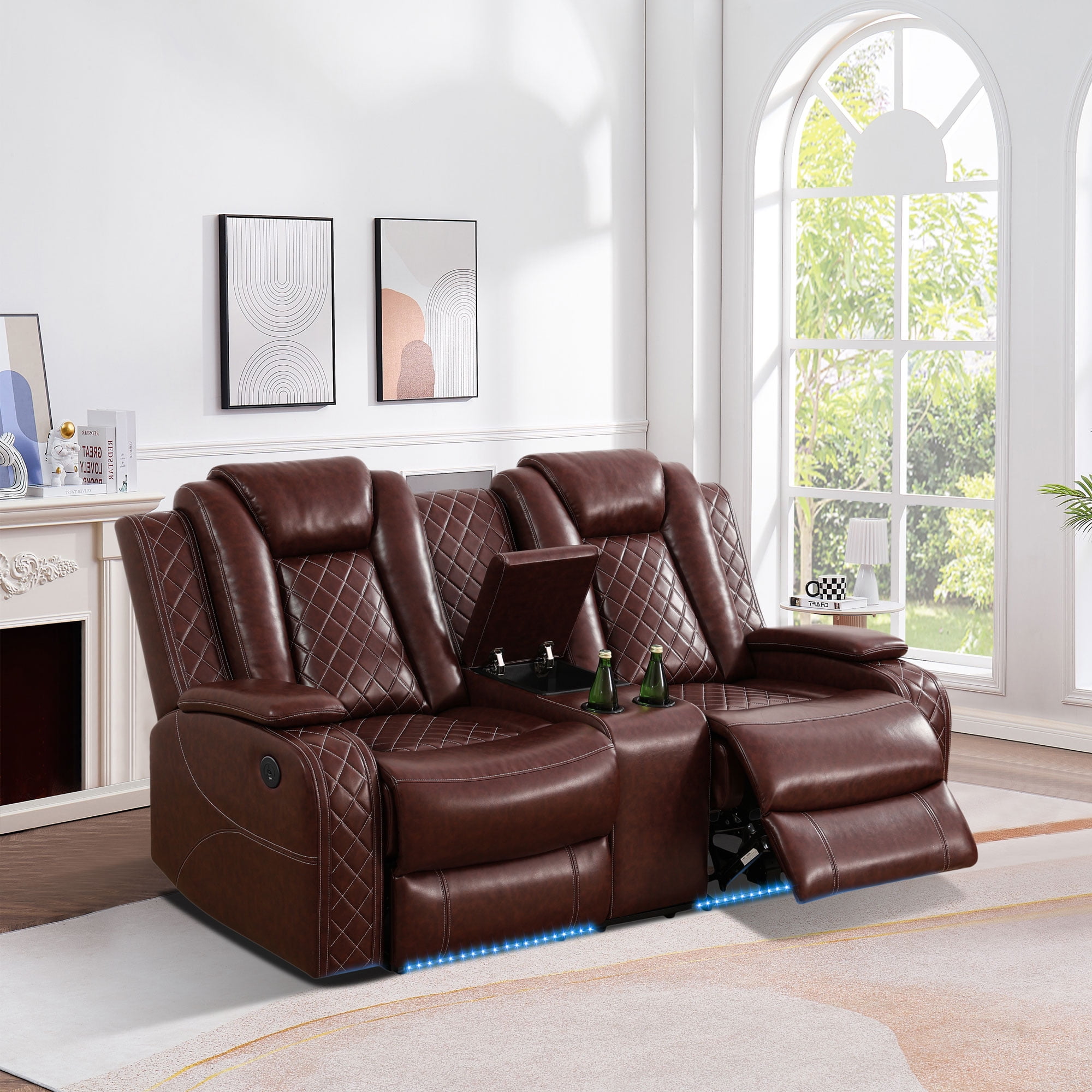 Gewnee Loveseat Power Reclining Multifunctional Sofa, Air Leather, Storage Console, Cup Holders,Reddish brown