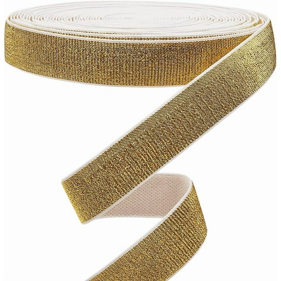 1 Roll 12 Yards Gold Glitter Elastic Bands 0.98in/2.5cm Wide Metallic Stretch Sewing Band Woven Knit Ribbon Spool Headband for Crafting Waistband Pants Waist Webbing Garment Clothes Accessory