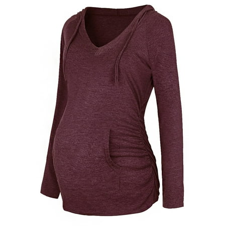 

NIUREDLTD Women Maternity Casual Long Sleeve V Neck Drawstring Hoodie Thin Sweatshirts Blouse Top With Pocket
