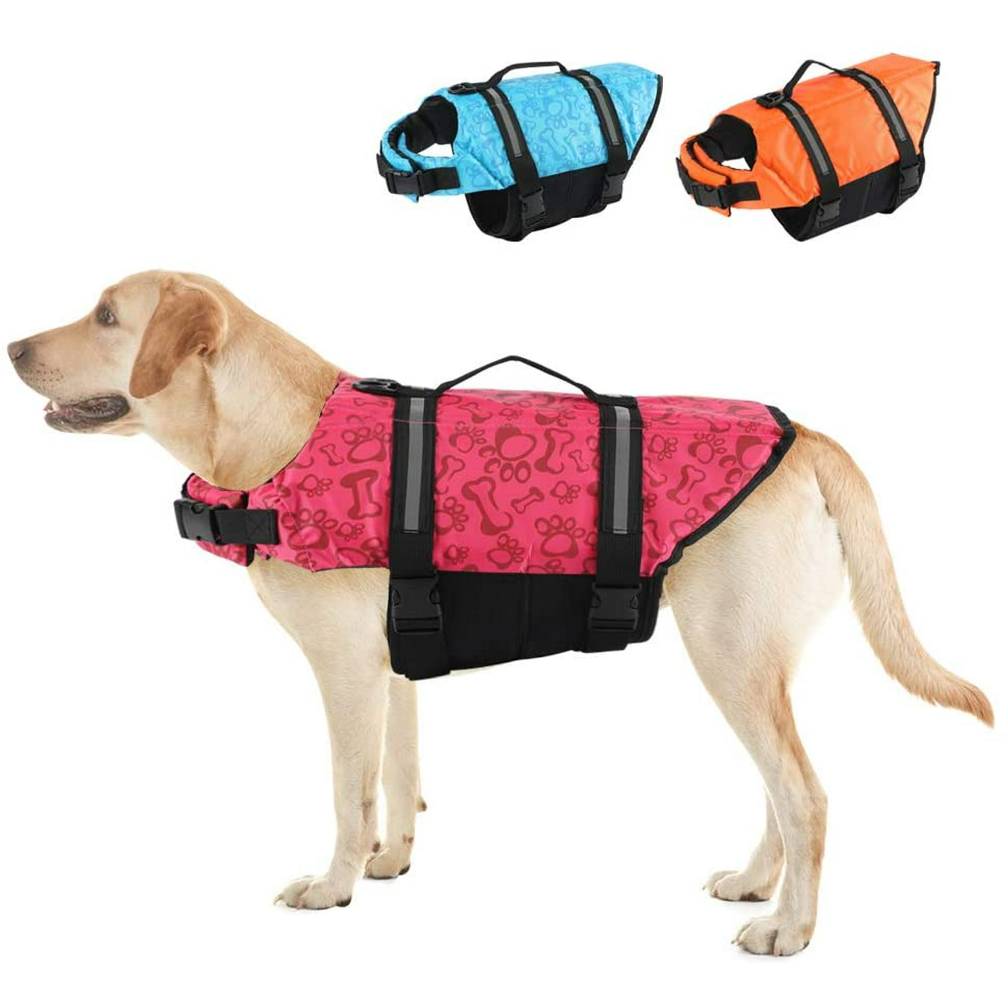 Dog Life Jackets Reflective Adjustable Preserver Vest with Enhanced Buoyancy Rescue Handle for Swimming Pink Bone XXS