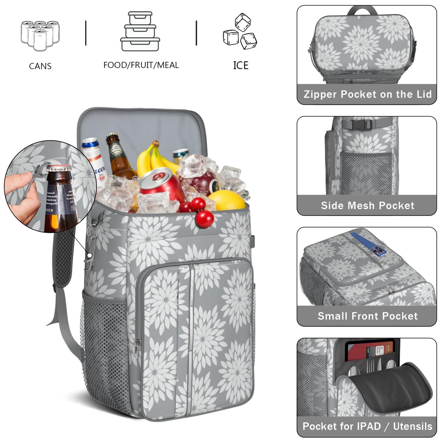Travel Cooler Bag - Boho Bohemia Pioneer Flower Art Camping Beer Cooler Backpack with Bottle Opener- Waterproof Insulated Picnic Backpacks - Cooler Bag for Beach