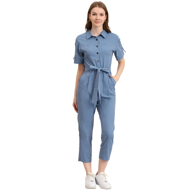 Mono de manga corta para mujer, con botones, cintura con lazo, 100% algodón, estilo cargo, con bolsillos Azul M