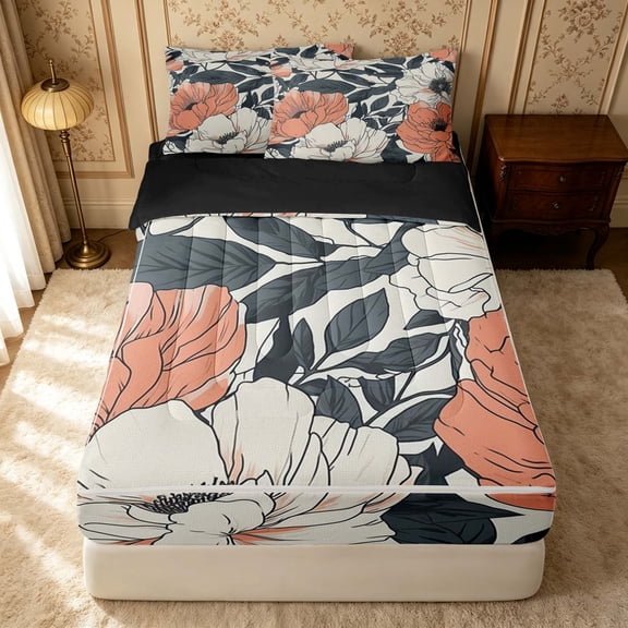 Erosebridal Traditional Blossom Zipper Full Size Comforter Sets with Fitted Sheet and 2 Pillowcases, Garden Floral Zipper Bedding Set, Black Reversible, Peach Charcoal, Black Reversible