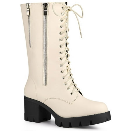 

Unique Bargains Women s Round Toe Lace Up Platform Chunky Heel Mid Calf Boots