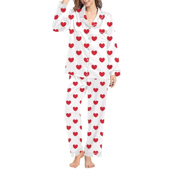 YUEHUA Silk Pajamas for Women Valentine's Day Satin Pajama Sets Button Down Lounge Sets Silky Pajama Long Pants Sleepwear with Pockets