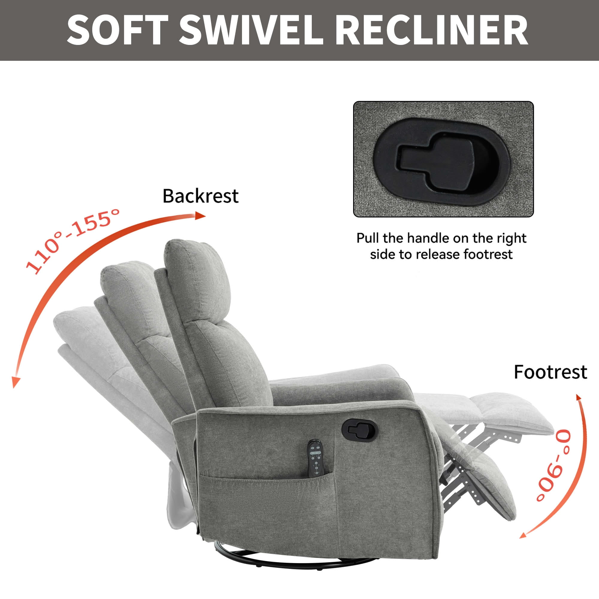 MAYEERTY Beige Faux Leather Heat Massage Recliner Chair, 360° Swivel Rocker 26"x35"x39" for Living Room