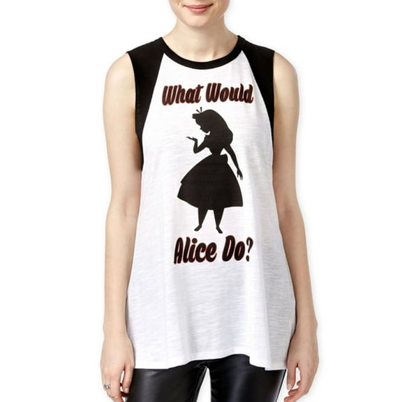 Disney Womens What Would Alice Do? Muscle Tank Top, White, Juniors, Small