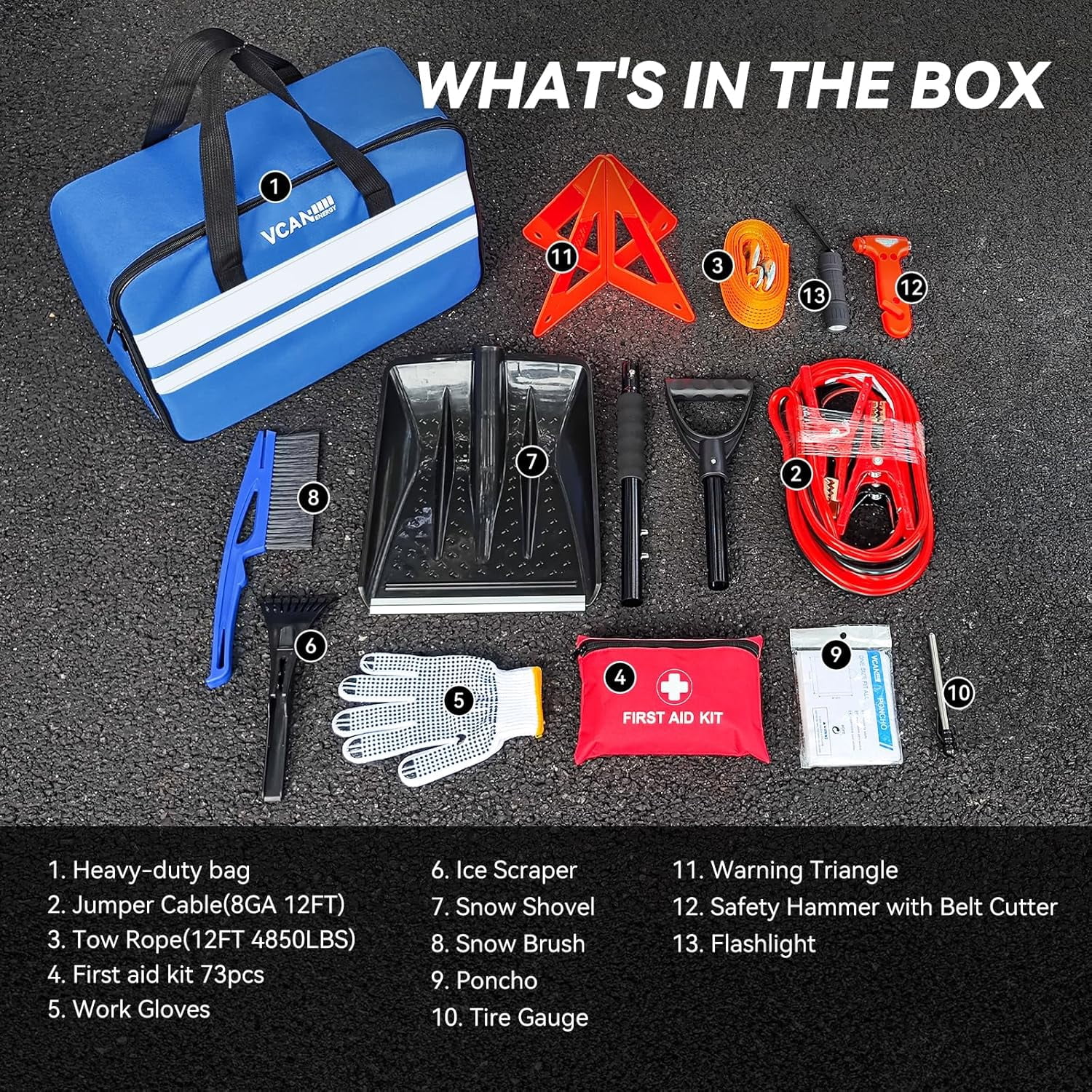 VCANENERGY 86-Piece Car Emergency Kit with Jumper Cables, First Aid Kit & Detachable Snow Shovel for Roadside Assistance & Winter Travel