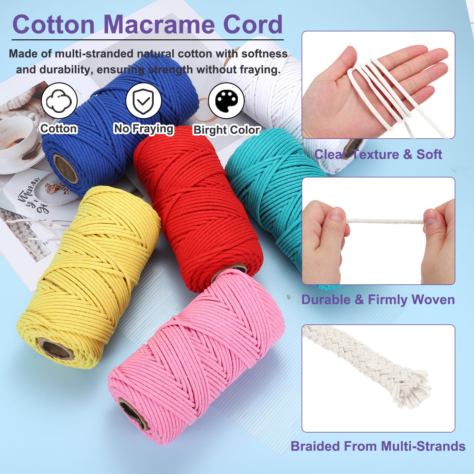 Braided Macrame Cord, 4mm x 109 Yards Natural Cotton Rope Macrame Yarn Bohemia Craft String with Scissors(Light White)