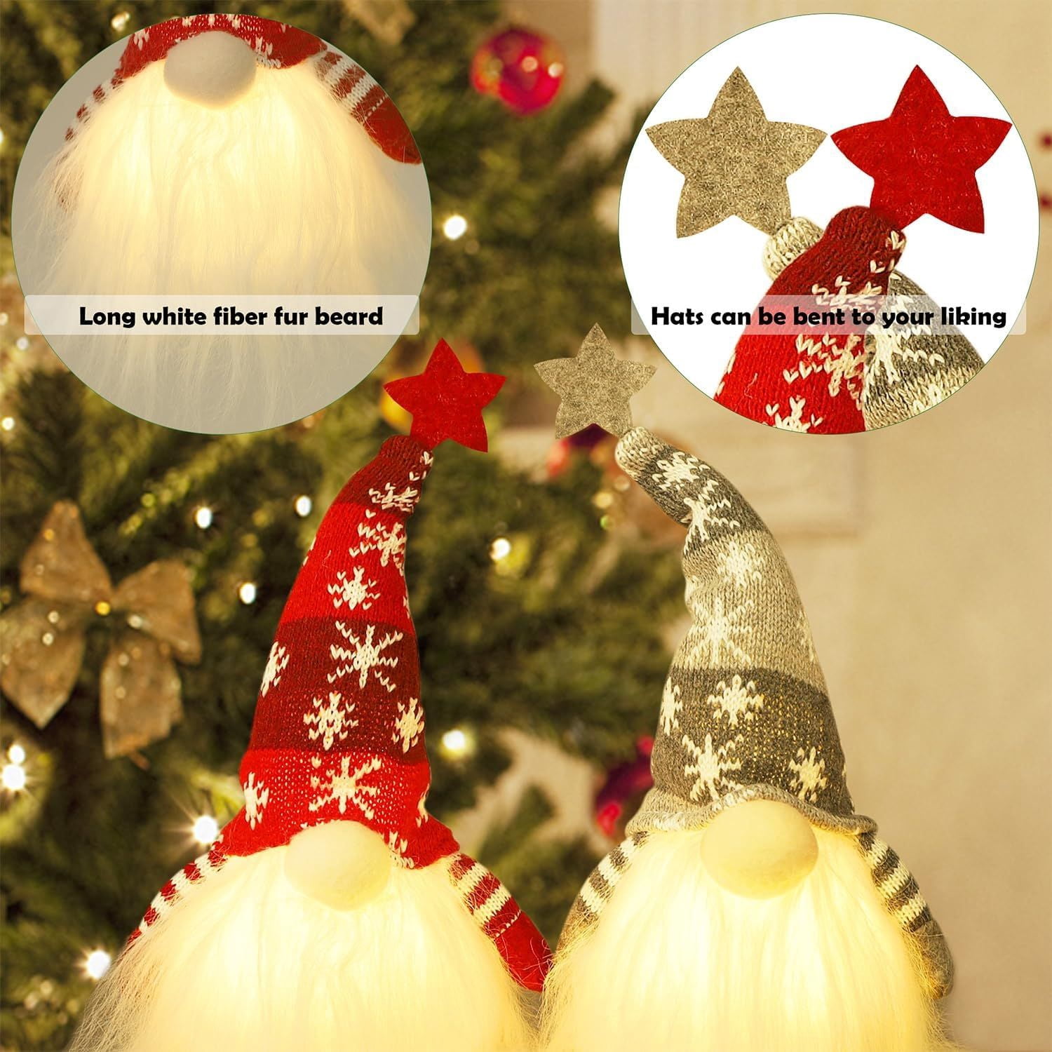 Lighted Christmas Gnome, Handmade Plush Scandinavian Swedish Tomte, Light Up Elf Toy Holiday Present, Battery Operated Winter Tabletop Christmas Decorations, 2 Set