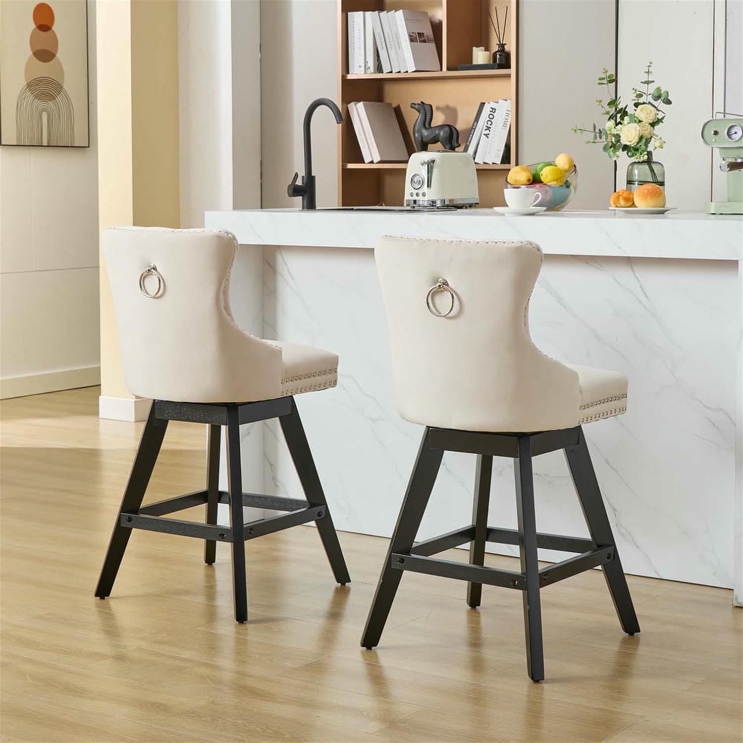 Demi Bonn 38" Counter Height Bar Stools Set of 2, Velvet Swivel Barstools with Button Tufted Back, Kitchen Island Countertop Chairs for Dining Room, Beige