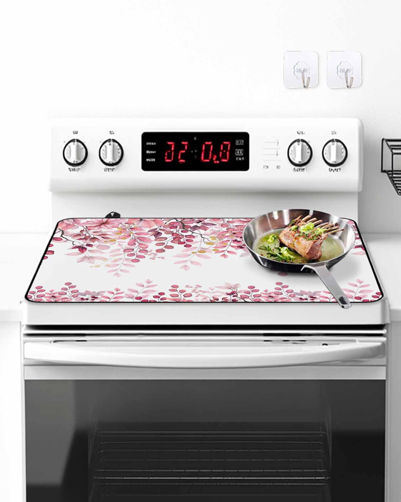 Stove Top Covers for Electric Stove, Pink Eucalyptus Leaves Glass Stovetop Cover Protector, Summer Botanical Watercolor Induction Cooktop Protector Oven Mat for Kitchen Countertop 36"x21"