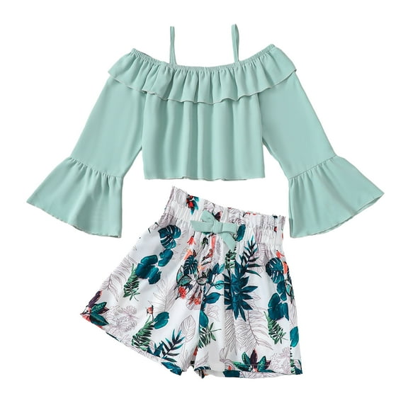 Kucnuzki 9 Years Big Girls Summer Clothes 10 Years Youth Child Kids Outfits Ruffle Long Sleeves Off the Shoulder Crop Top Bow Floral Shorts Sets 2pcs Clothing Green