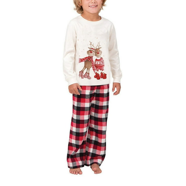 Gupgi Christmas Family Mathing Pajamas Cartoon Elk Plaid Pattern Parent-Child Sleepwear