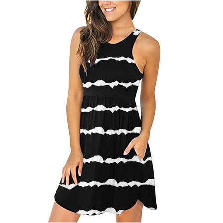 

Juebong Women s Sleeveless Tank Top Dress Personality Print Round Neck Pocket Dress