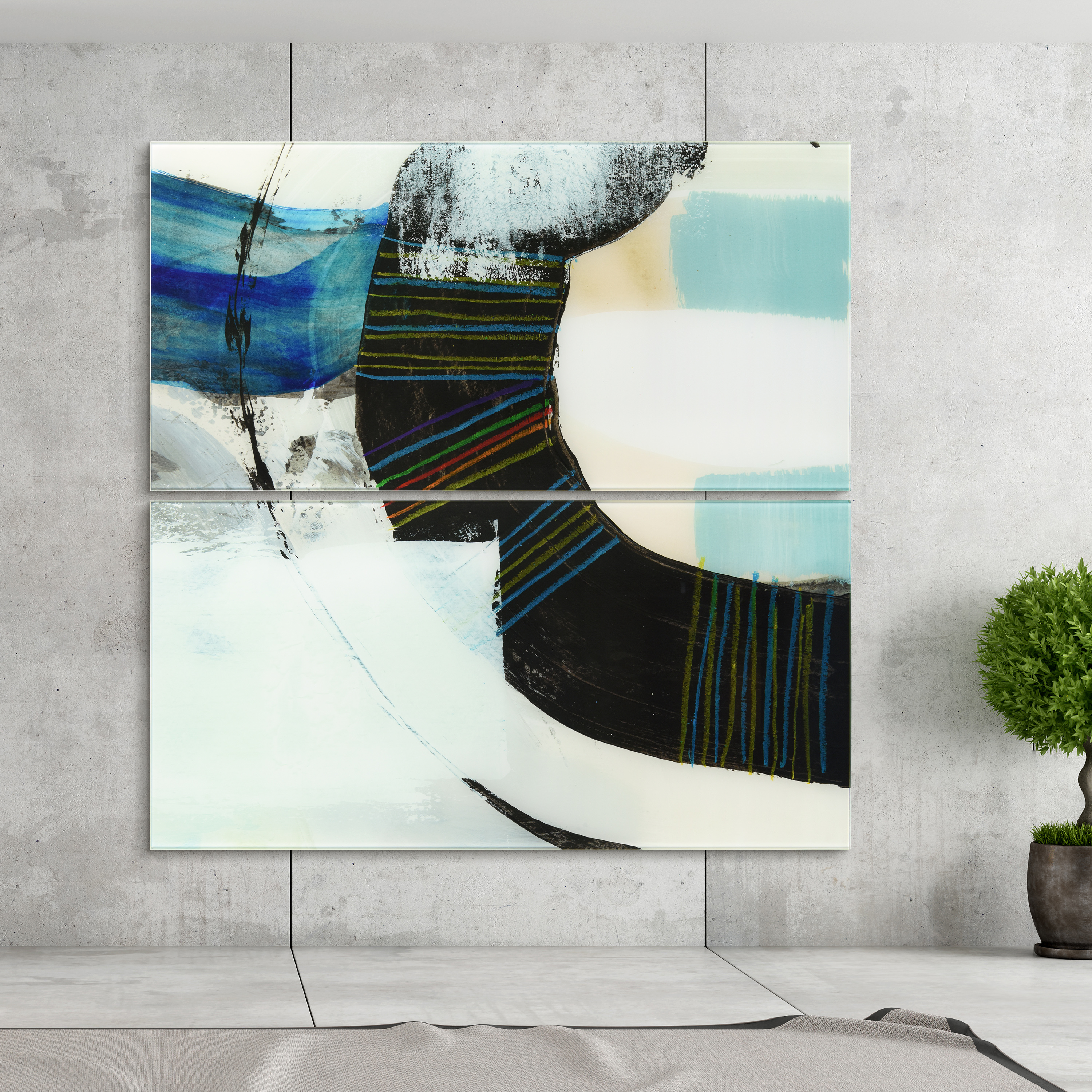 "Kabuki I AB" Frameless Free Floating Tempered Glass Panel Graphic Abstract Wall Art, 36 in x 72 in
