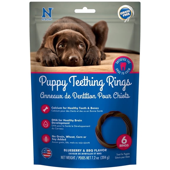 N-Bone Puppy Teething Rings, Dried Chew Rings for Puppy Dogs, Blueberry & BBQ Flavor, 6 rings, 7.2 oz, for Small and Large Dogs, Grain-Free