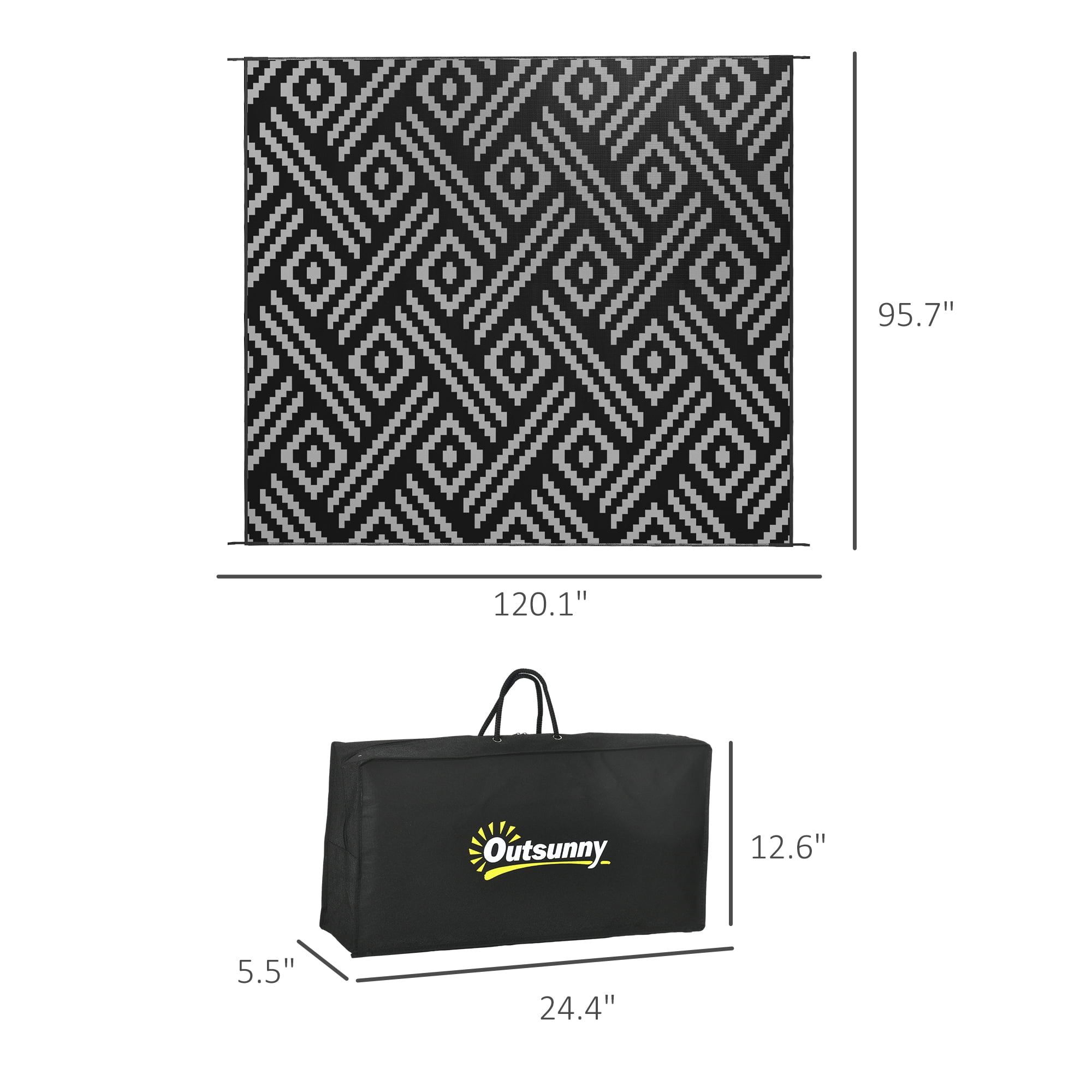 Outsunny RV Mat, Outdoor Patio Rug / Large Camping Carpet with Carrying Bag, 8' x 10', Waterproof Plastic Straw, Reversible, Black & Gray Geometric
