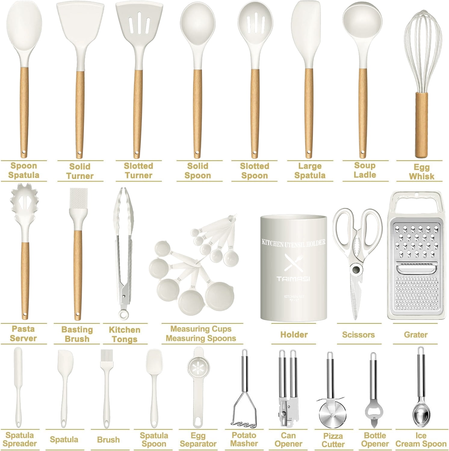 Kitchen Utensil Set, AOKIWO 34Pieces Silicone Cooking Utensil Set with Wooden Handle, Heat Resistant Spatula Set Gadgets Tools Cookware, White