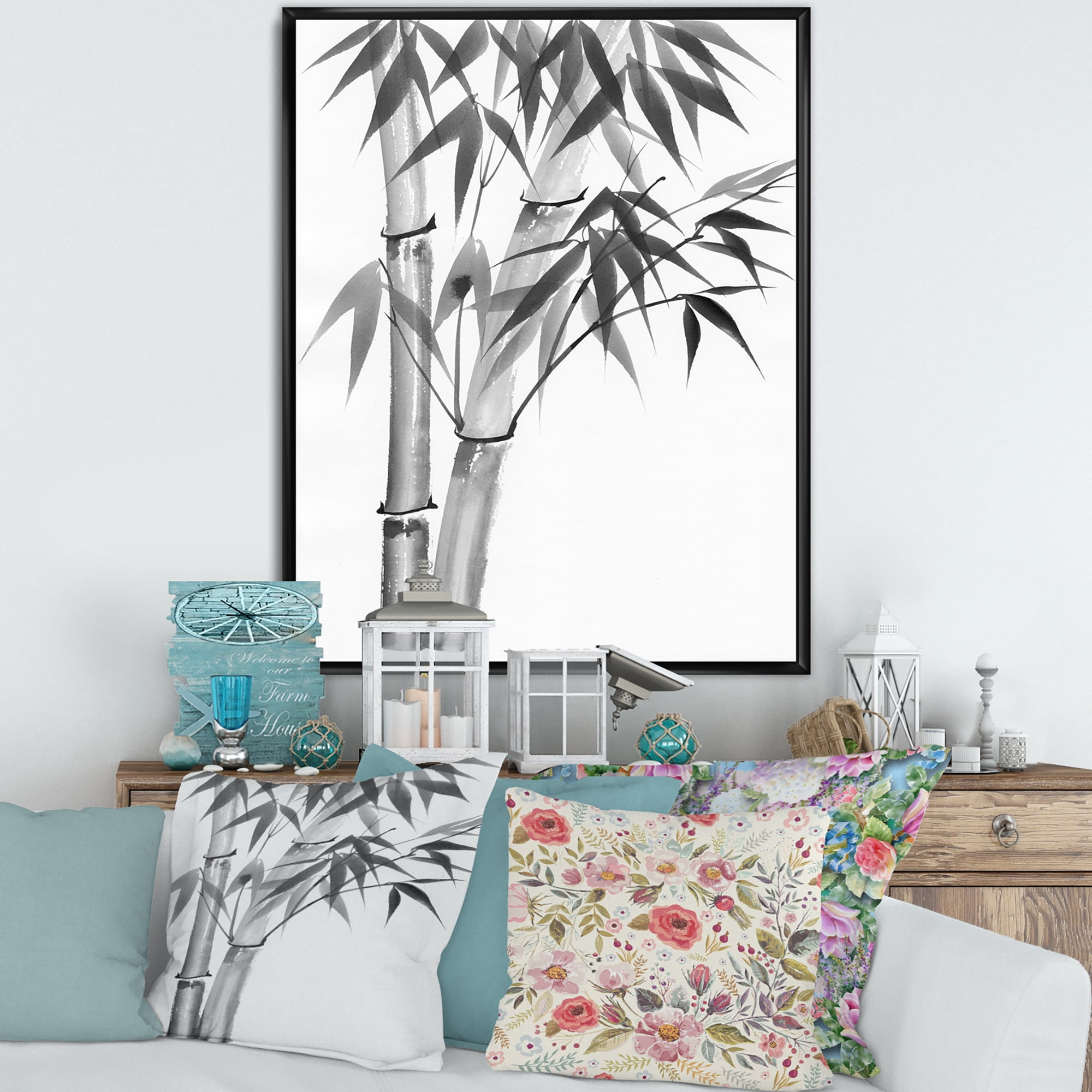Designart 'Vintage Black and White Bamboo' Traditional Framed Canvas Wall Art Print