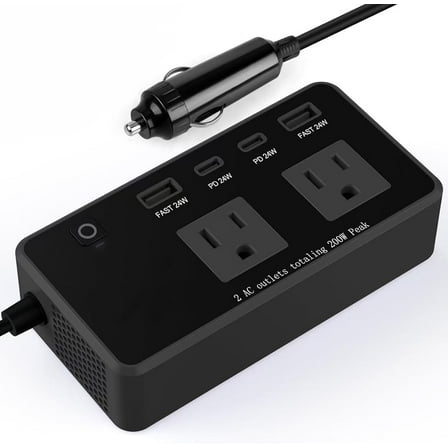 200W Car DC Power Inverter, 12V to 110V AC Inverter, Car Inverter Charger with PD 24W/ QC 24W Quick Charge, Power Inverter for Vehicles, Car Office Working, Camping, Road Trip, Black