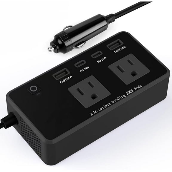 200W Car DC Power Inverter, 12V to 110V AC Inverter, Car Inverter Charger with PD 24W/ QC 24W Quick Charge, Power Inverter for Vehicles, Car Office Working, Camping, Road Trip, Black