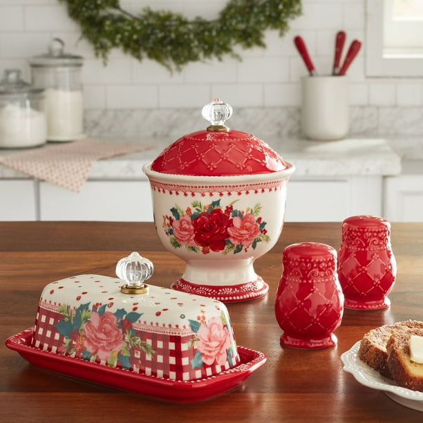 The Pioneer Woman Rosy Toile Candy Dish, Butter Dish and Salt & Pepper