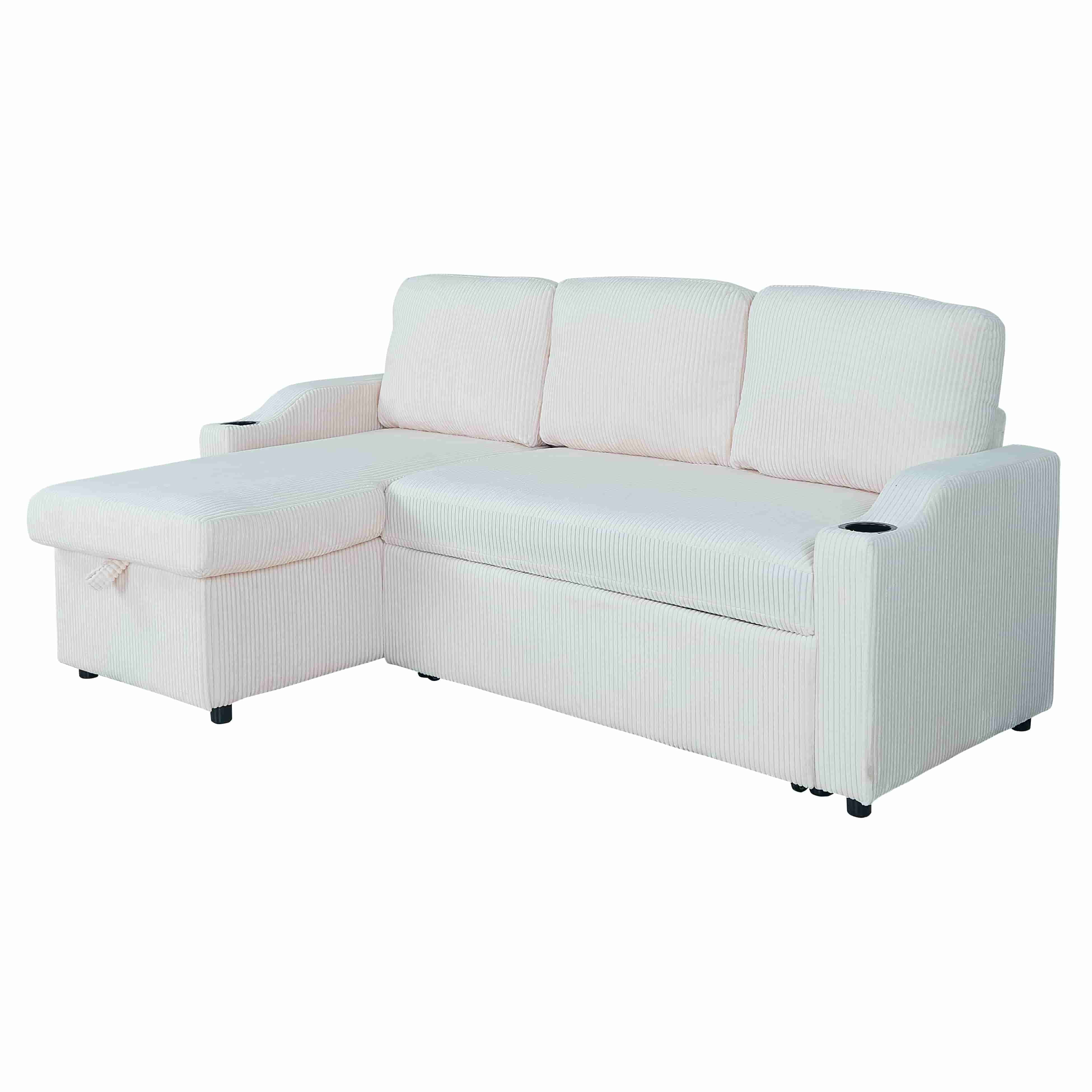 BSHTI Modern L-Shaped Sectional Sofa Bed, Solid Wood Frame, Corduroy Fabric Cover, 2 In 1 Pull-Out Sleeper Bed Sofa, Hidden Storage Space, Beige