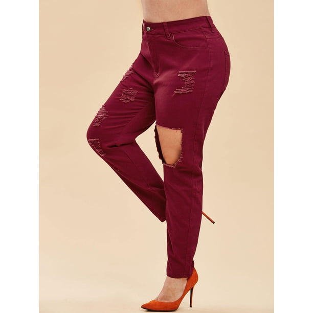 Tamaño más alta subida rasgado Destroyed Jeans Rosegal Vaqueros de talla grande