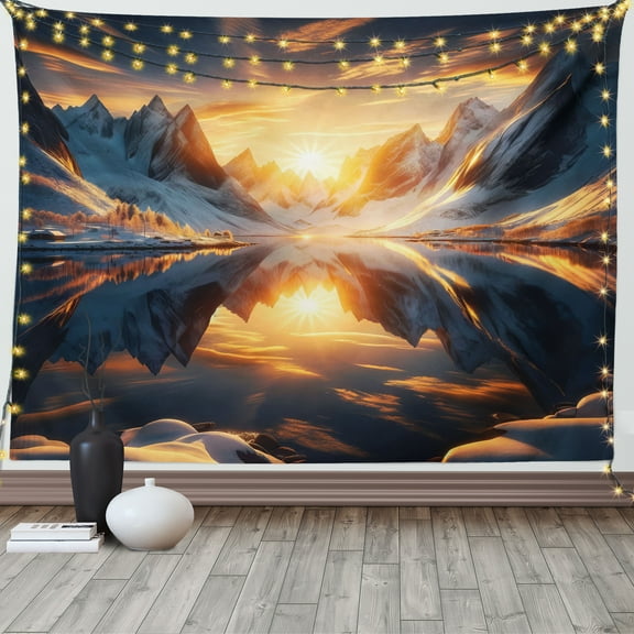 Ambesonne Lake Tapestry Wall Hanging, Reflection Snowy Mountain Dawn, 80"x60", Orange and Dark Blue