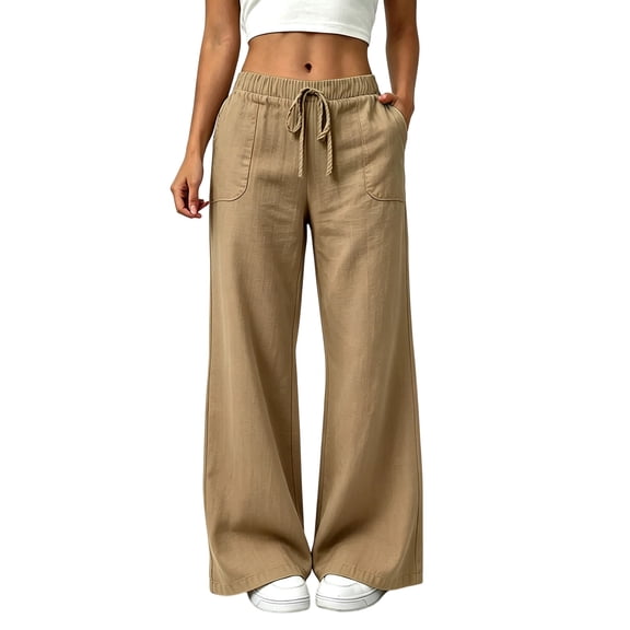 TEAJOPSUU Women's Linen Wide Leg Pants Loose Breathable Drawstring Elastic Low Waisted Long Palazzo Pants Trousers with Pockets Khaki