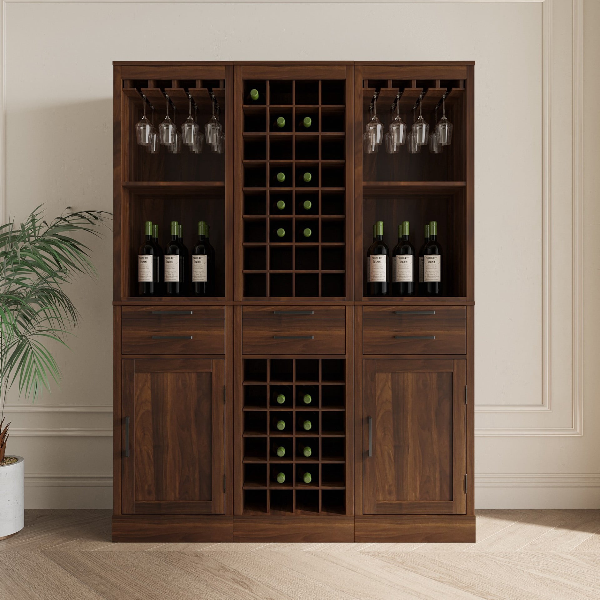 Wine Bar Cabinet 32 Bottle Storage Rack, Freestanding Buffet Cabinet Modular Wine Storage Organizer for Kitchen Dining Room, Walnut