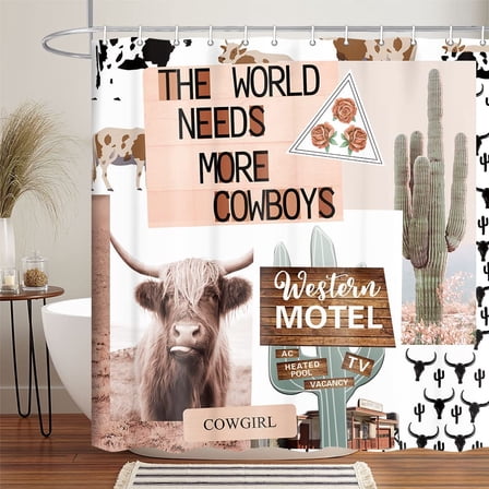 Rustic Western Shower Curtain for Bathroom, Funny Longhorn Cattle Cow Shower Curtain Set Western Desert Cactus Shower Curtains, Cute Farm Animal Farmhouse Fabric Bath Curtain with 12PCS Hooks 70X70IN