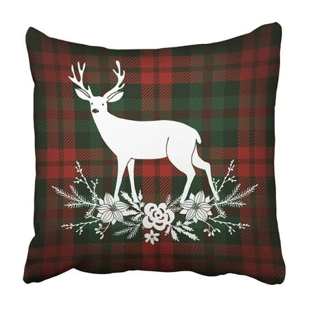 - WOPOP Green Festive Merry Christmas Reindeer With Bouquet Floral Tartan Checkered Plaid Red Pillowcase Cover 20x20 inch