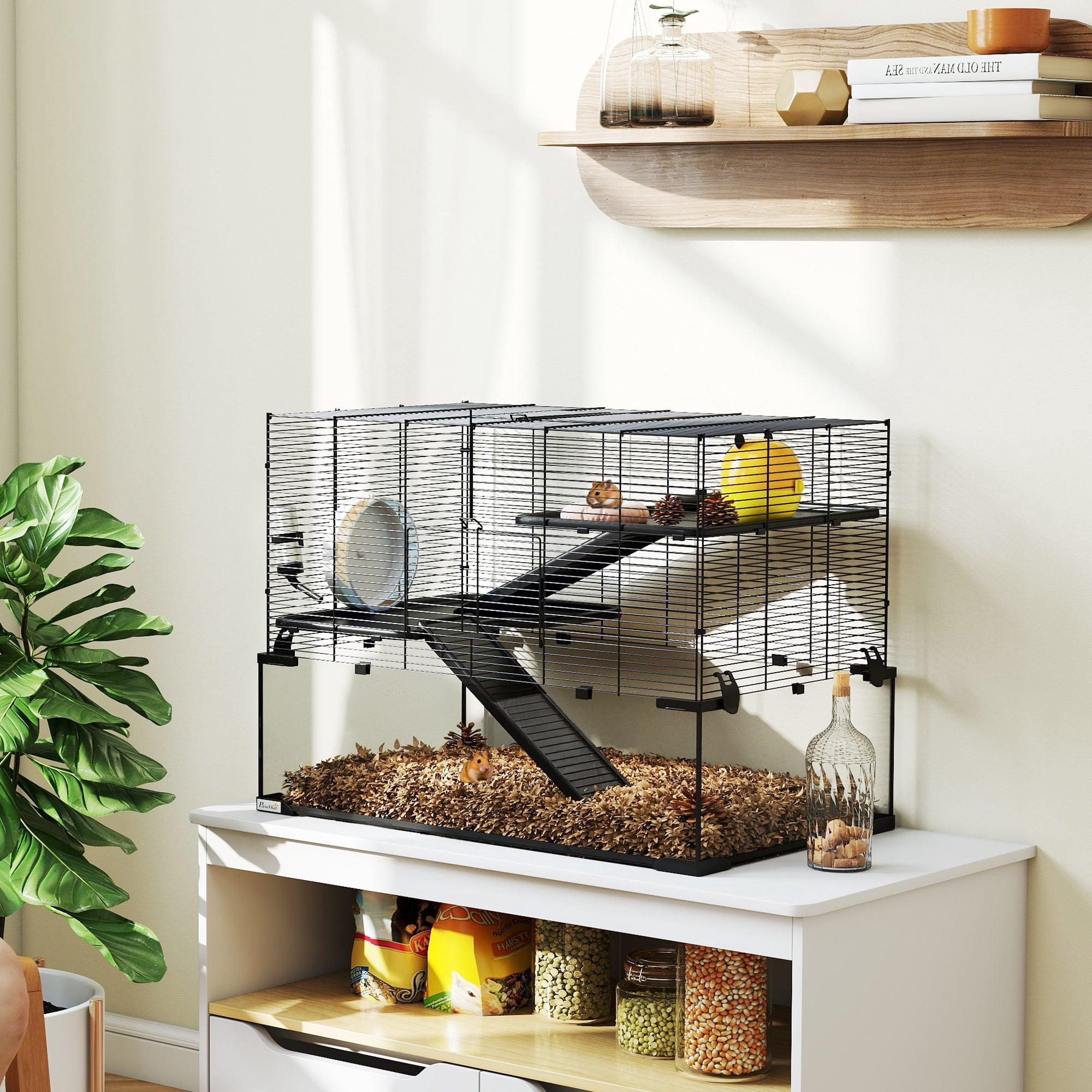 Hamster Cage, 31" Gerbil Cage with Glass Basin, Ramps, Platforms, Hut, Exercise Wheel, for Small Hamsters, Black