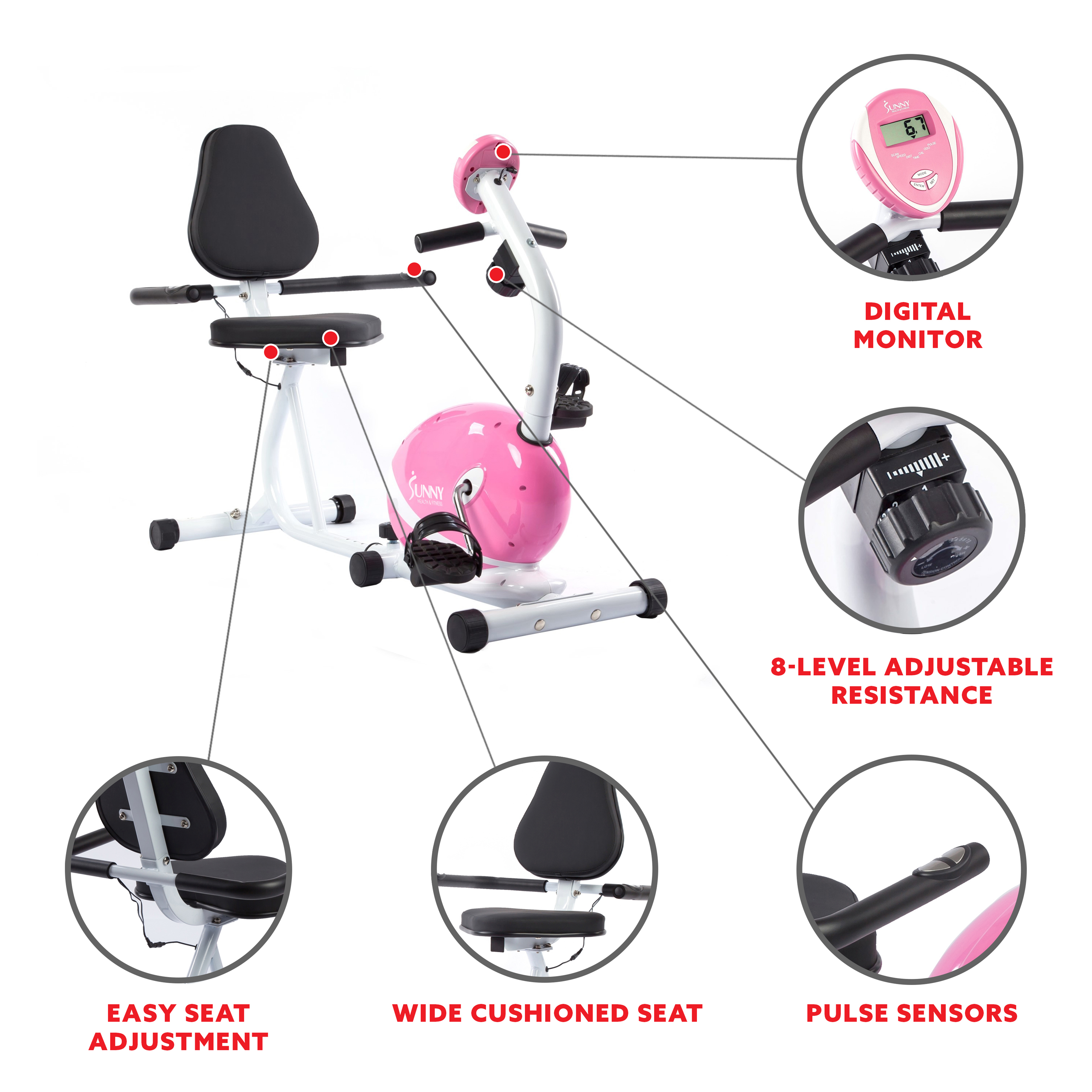 Sunny Health & Fitness Magnetic Stationary Recumbent Exercise Bike, 220 lb Capacity, LCD Monitor, and Pulse Rate Sensor, P8400 - image 3 of 9