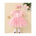 thumbnail image 2 of Seyurigaoka Newborn Girl Dress Outfits, Solid Color Short Sleeve Mesh Patchwork Dot Pattern Dress + Cute Headband Set, 2 of 9